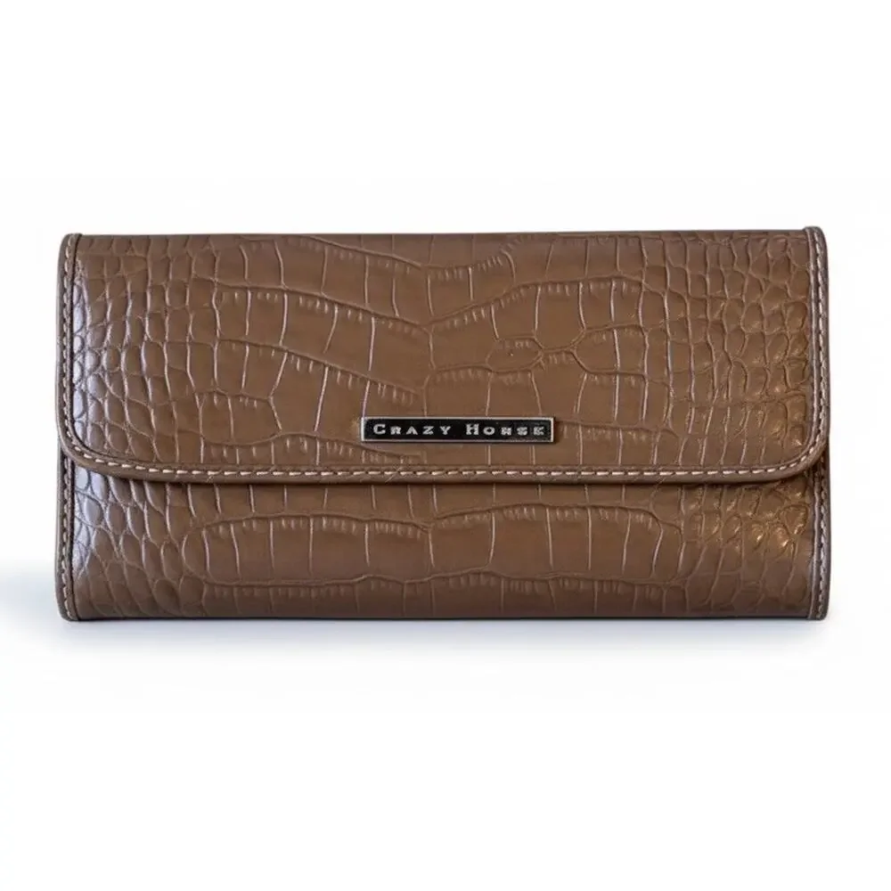 VTG Crazy Horse Alligator Trifold Wallet Faux Leather Croc Textures Checkbook